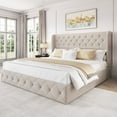 thumbnail image 6 of Breltam King Size Bed Frame with 4 Storage Drawers, Wingback Tufted Headboard, LED Lights, Beige Linen Velvet Upholstered Platform Bed, No Box Spring Needed, 6 of 9