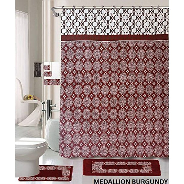 18 Piece Bath Rug Set Burgundy Holiday Red Medallion Print Bathroom Rugs Shower Curtain Rings And Towels Sets Medallion Burgundy Walmart Com Walmart Com