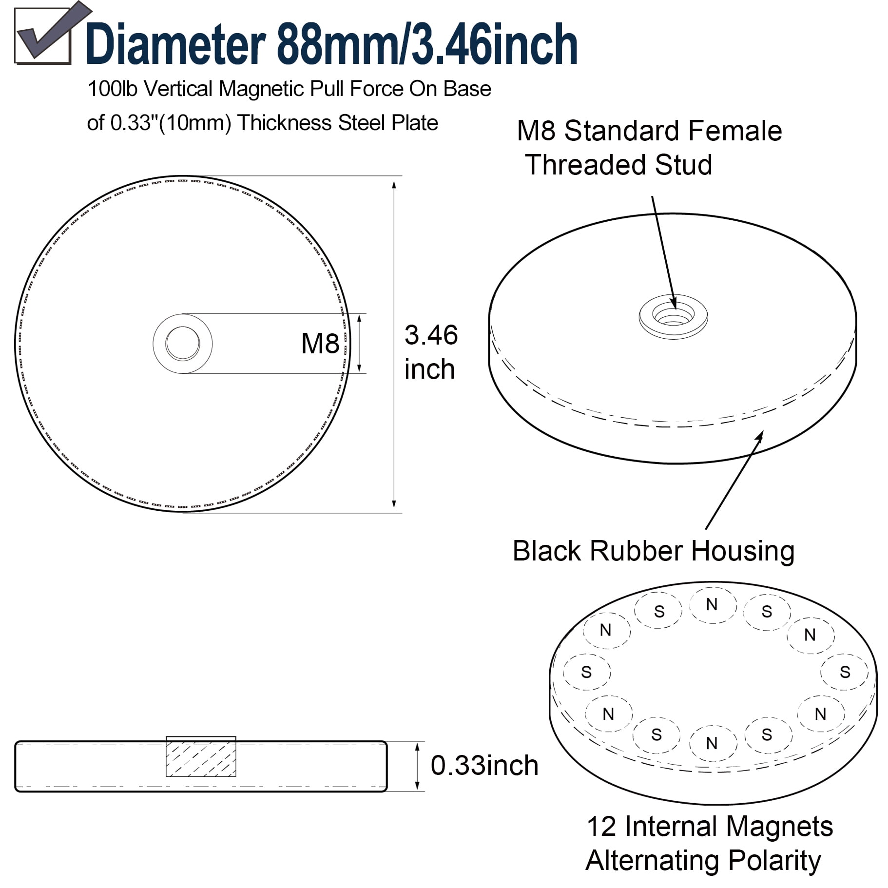ULIBERMAGNET 2Pack Anti-Scratch 100LB Powerful Neodymium Round Rubber Coated Magnet Base with M8 Female Thread Stud, Strong Magnetic Magnet for Led Working, Signal Lights & Tools