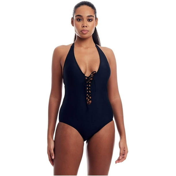 COVER GIRL Womens Swimwear Straight and Curvy One Piece Swimsuit with Tummy  Control - Lace Up, Black, 12