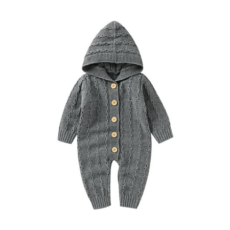 

TheFound Newborn Baby Boy Girl Hoodie Knitted Romper Long Sleeve Solid Jumpsuit Bodysuit Outfits