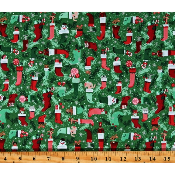 Cotton Christmas Stockings Holiday Winter Twas Stockings Were Hung Green Sparkle Cotton Fabric Print by the Yard (SC13463-GREEN)