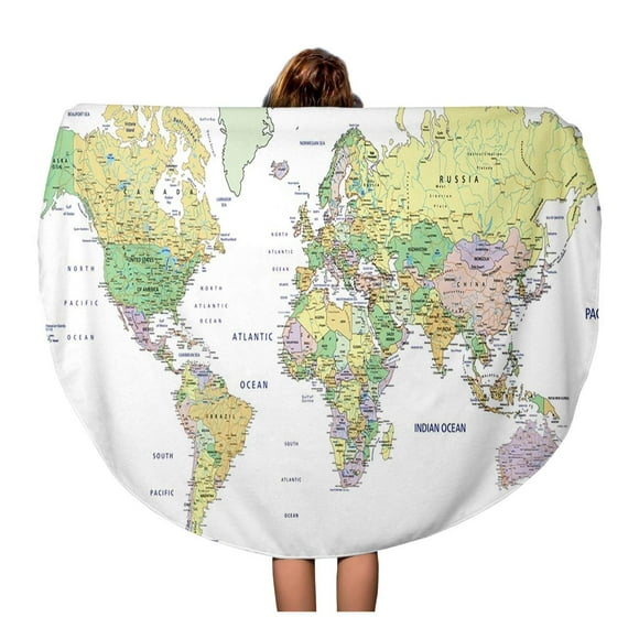 POGLIP 60 inch Round Beach Towel Blanket Blue Detail Highly Detailed Political World Map Labeling States Travel Circle Circular Towels Mat Tapestry Beach Throw
