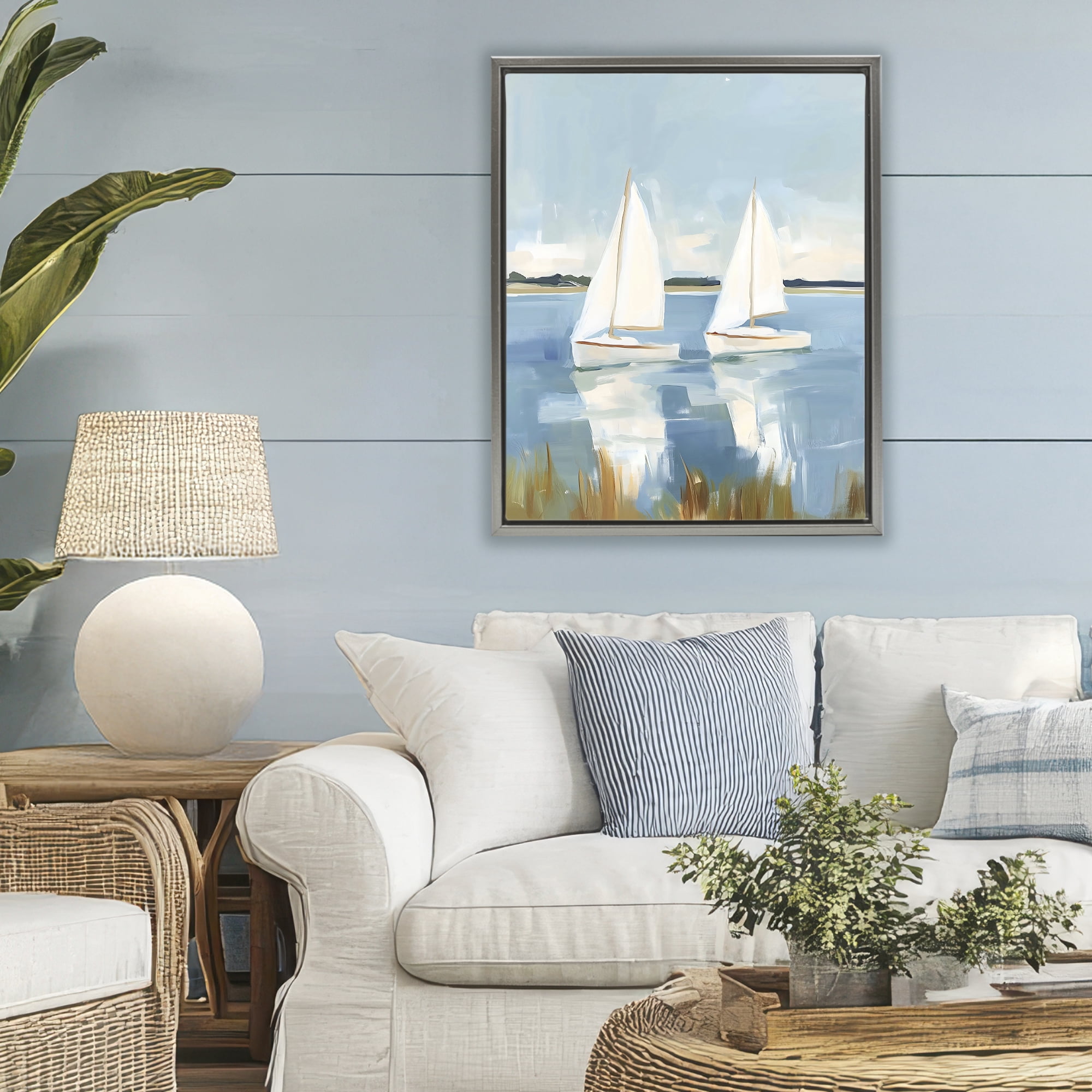Stupell Industries Twin Sailboats By Shore Gray Framed Floater Canvas Wall Art, design by The Prints Vibe
