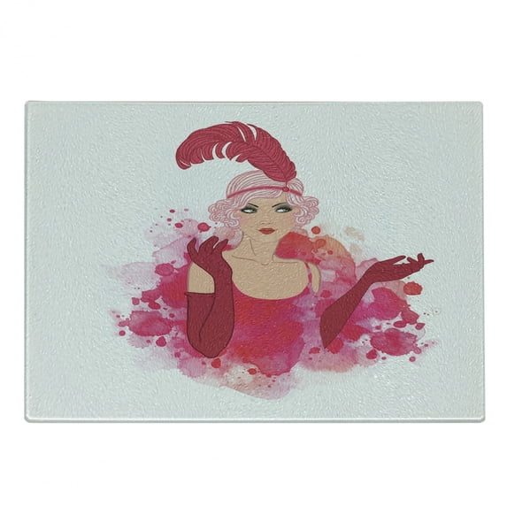 Old Hollywood Cutting Board, Lady Wearing Feather Headband Ink Splatter Design, Decorative Tempered Glass Cutting and Serving Board, Small Size, Hot Pink Magenta, by Ambesonne