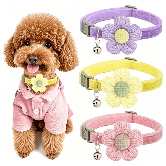 GASTROPOD Small Dog Collar with Flower,Puppy Collars Xs Dog Collars for Small Dogs with Bell for Girl Boy Little Dog Puppy Collar (Pink Purple Yellow)