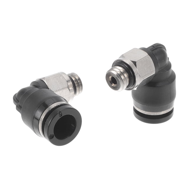Conexiones de aire únicas para empujar, accesorios de aire de 15/64" en ángulo de 90 grados, unión rápida de línea de aire, plástico y metal, M6, 2 piezas, tono negro y plata