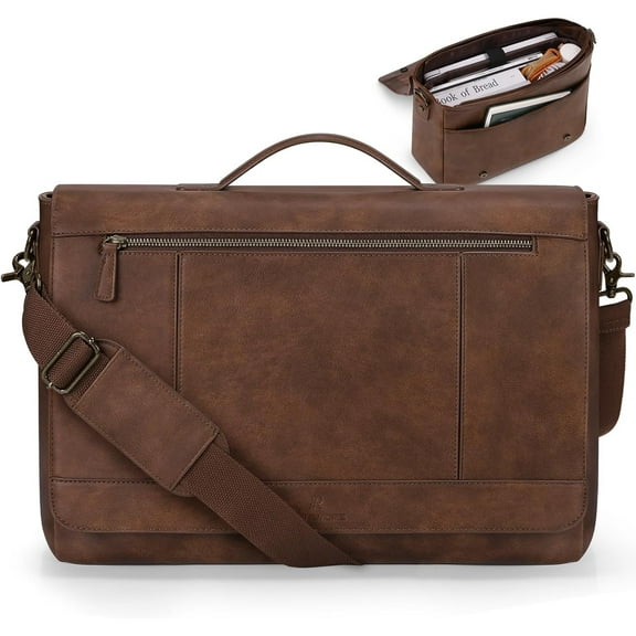 Leather Messenger Bag for Men 15.6 Inch Laptop Bag Vintage Briefcase Large Computer Bag Satchel Shoulder Bag For College, Work, Business, Office, Brown