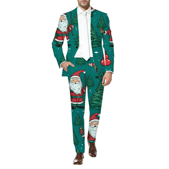 Tracksuit Men Christmas Print Men's Suit Set Stylish Holiday Outfit For Parties And Celebrations Men Suits Regular Fit Suit Separates Purge Suits for Slim Fit Tuxedo Tuxedo Large All Green XXL