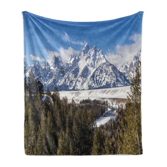 Wyoming Soft Flannel Fleece Throw Blanket, Magnificent Landscape of the Grand Teton Snowy and Cloudy Peaks with Trees, Cozy Plush for Indoor and Outdoor Use, 70" x 90", Green Multicolor, by Ambesonne