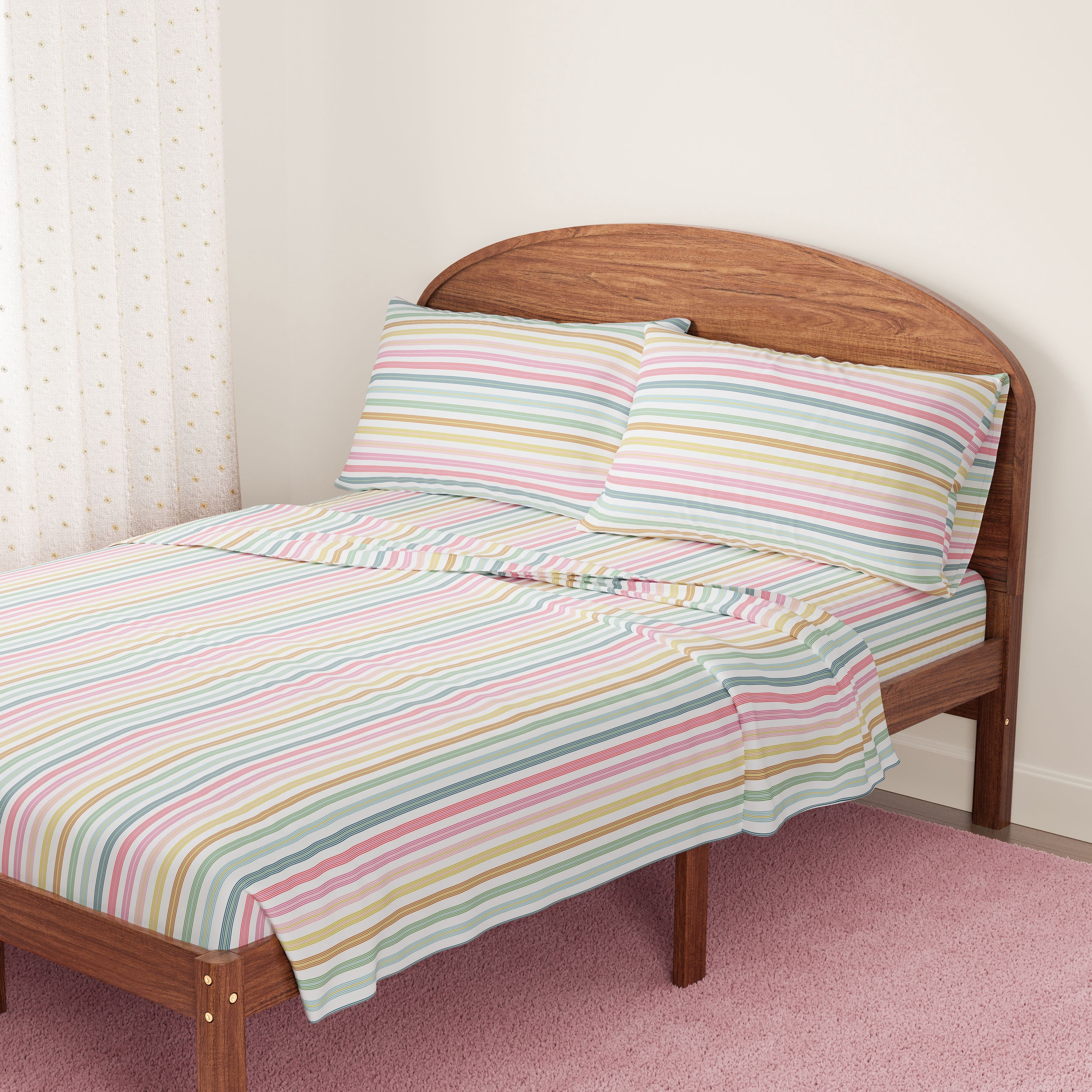 Mainstays Kids Microfiber Bed Sheet Set, Queen, Rainbow Stripe, 4 Pieces