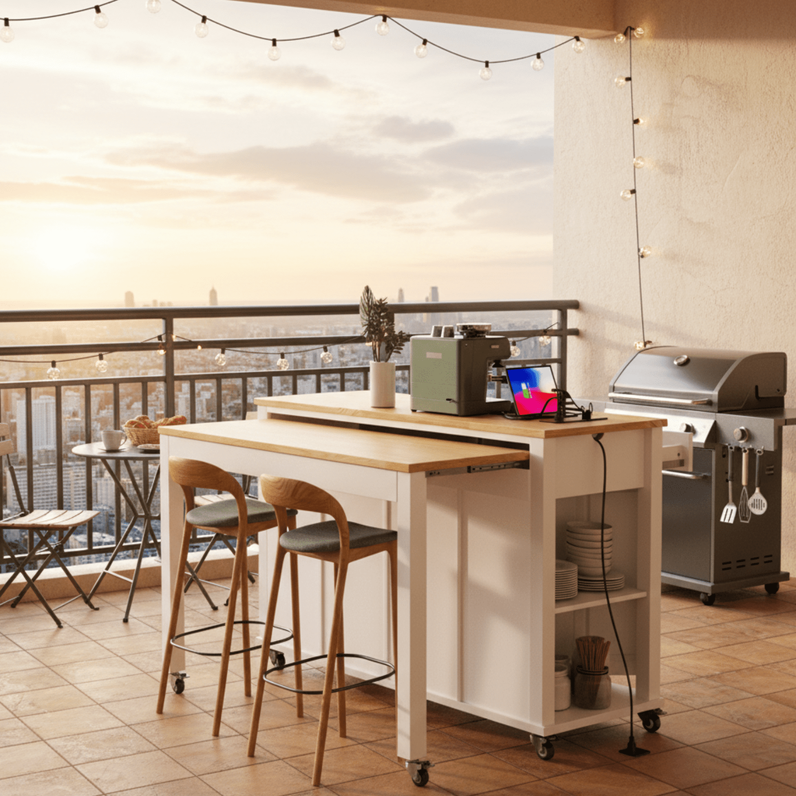 Homy Casa Kitchen Serving Cart with Extendable Table, Drawers, Power Outlet, for Dining Room, White