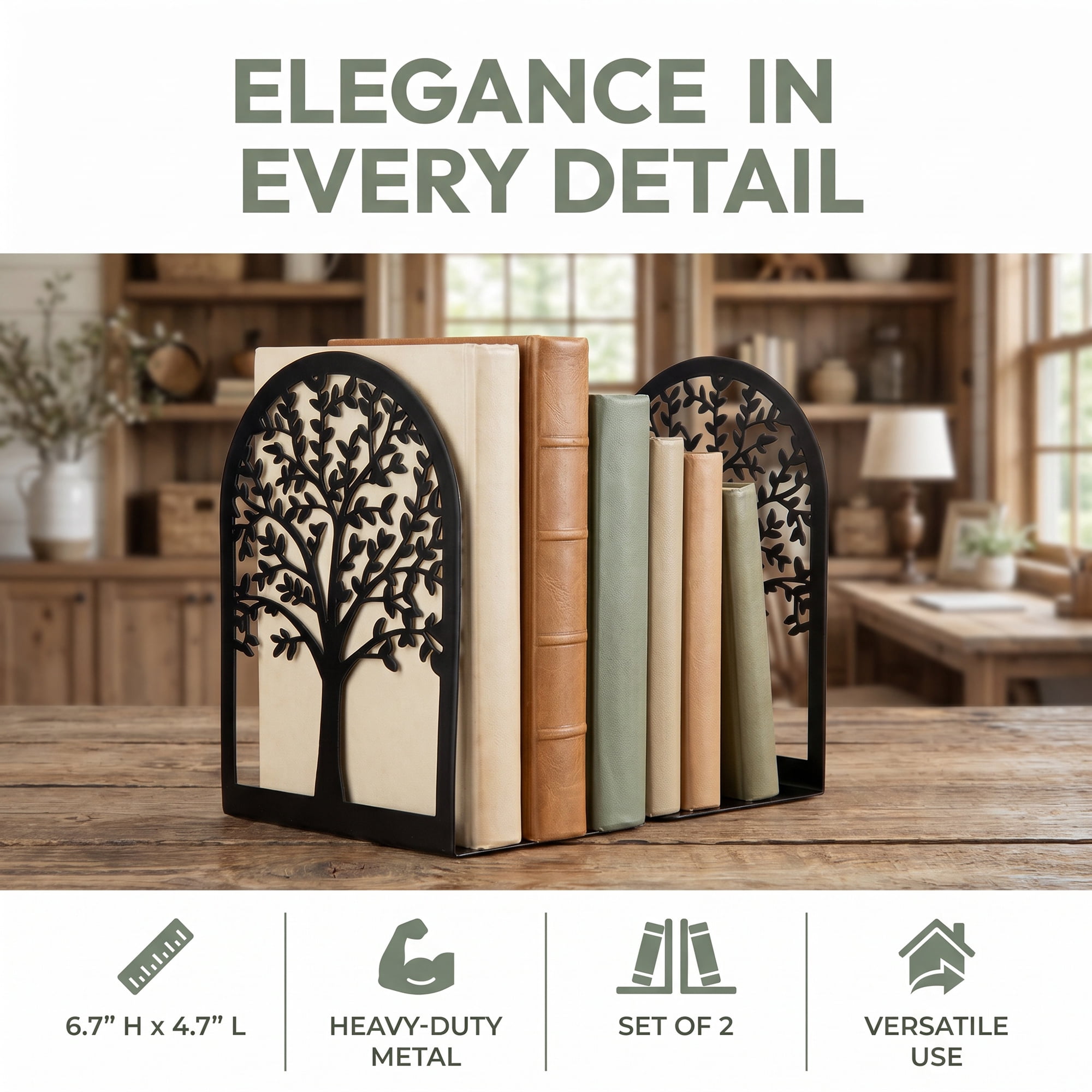 Unique Bargains Metal Tree Design Book Ends for Shelves Black Tree StyleD 4.7"x3.5"x7.1"