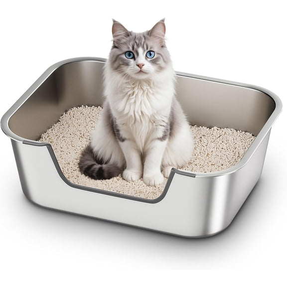 Stainless Steel Cat Litter Box Silver 17.5"L×13.6"W×5.9"H Low Entry for Senior or Injured Cats