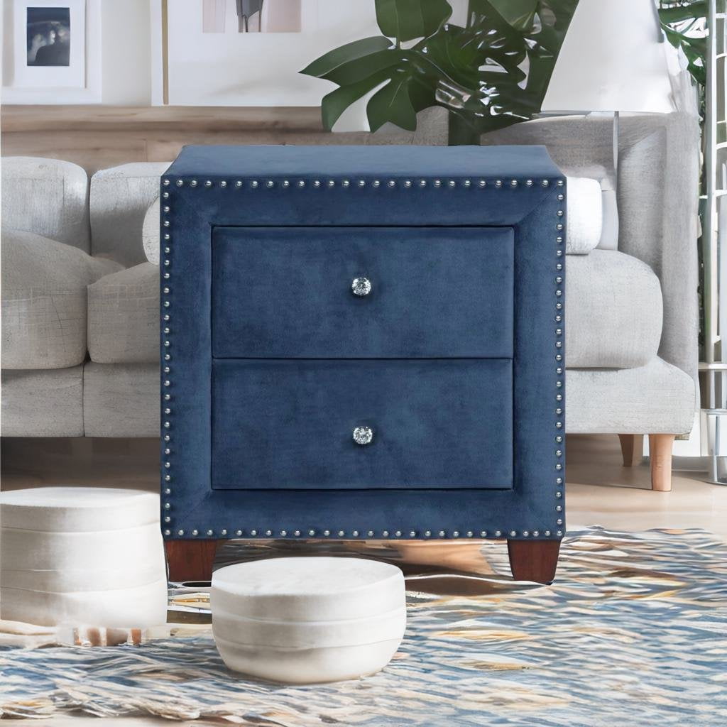 Nathaniel Home Storage Nightstand with 2 Drawers, Faux Velvet Upholstered Nightstand, Modern Bedside Table with Nail Head Trim, Brown