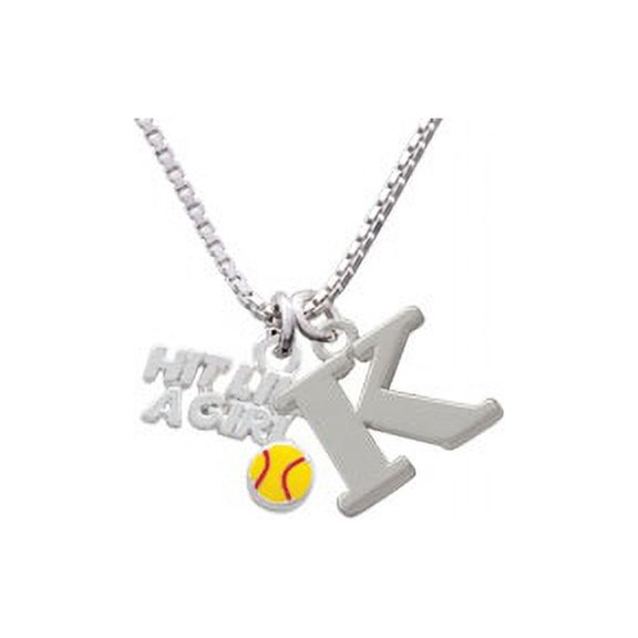 Silvertone Hit Like a Girl with Enamel Softball - K - Initial Necklace