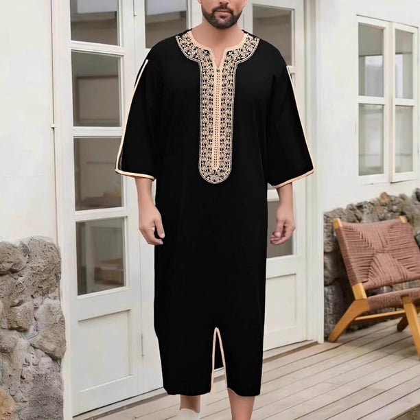 Ceisia Men's Traditional Knee-Length Robe | Beige Embroidered Mid-Sleeve Cultural Casual Top Gift