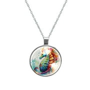 Hippocampus Womens Glass Circular Pendant Necklace - Elegant Jewelry Piece for Women