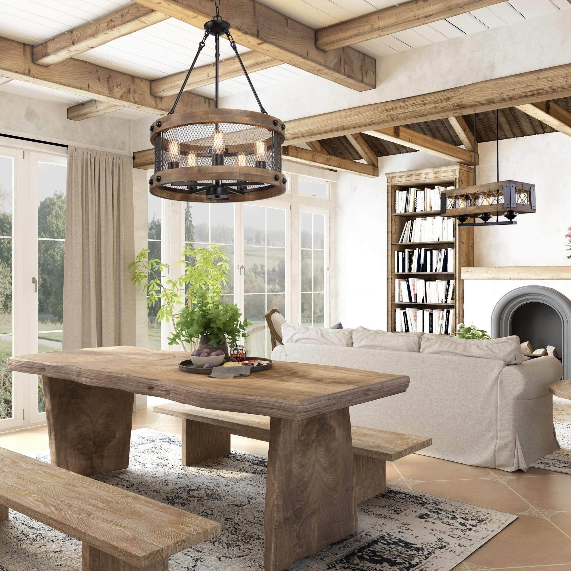 LNC 5-Light Matte Black and Distressed Wood Drum Lantern Farmhouse Chandelier