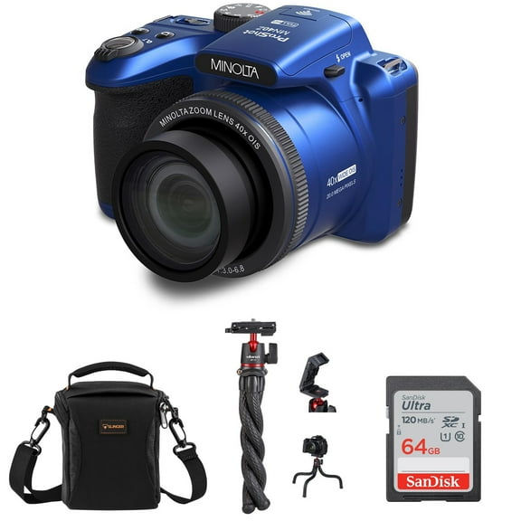 Minolta ProShot MN40Z 20MP Full HD Camera with 40x Optical Zoom, Blue, Bundle with MT-11 Multifunctional Octopus Tripod, 64GB SDXC Memory Card and Shoulder Bag