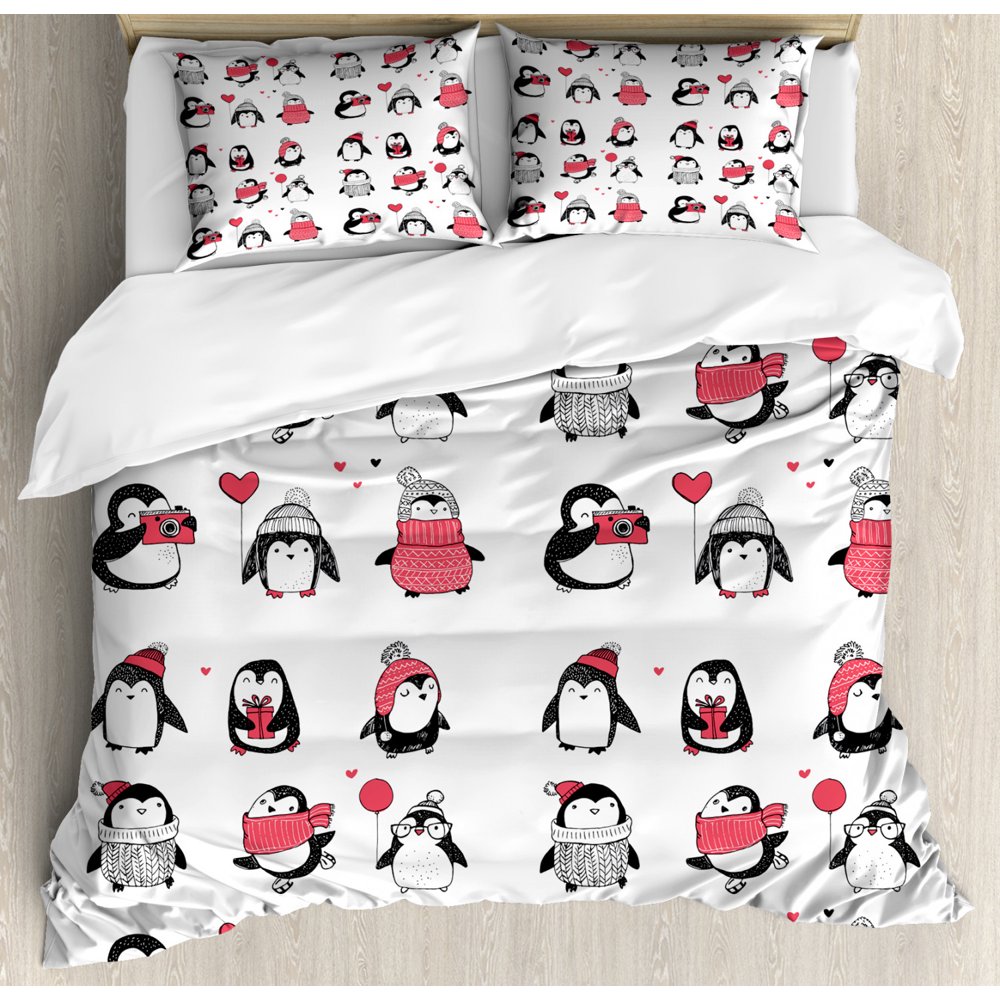 Winter Duvet Cover Set, Cute Penguins Hand Drawn Merry Christmas
