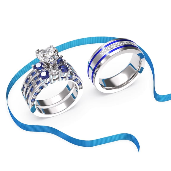 3pc Couples Wedding Ring Sets His And Hers Women Sterling Silver Blue Moissanite and men Wedding Bands Together With Ring Gift Jewelry Box