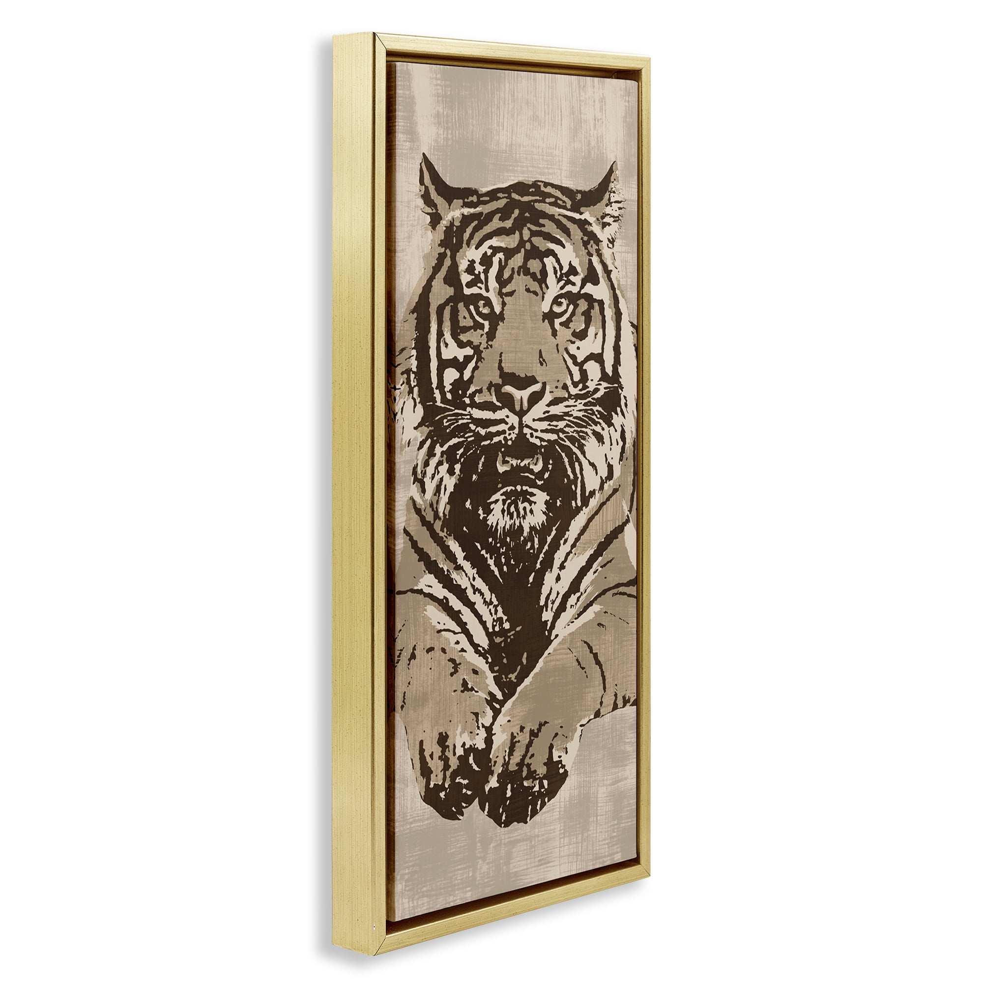 Stupell Industries Fierce Tiger Baring Teeth Animals Painting Gold Floater Framed Canvas Art Print Wall Art, 14 x 31
