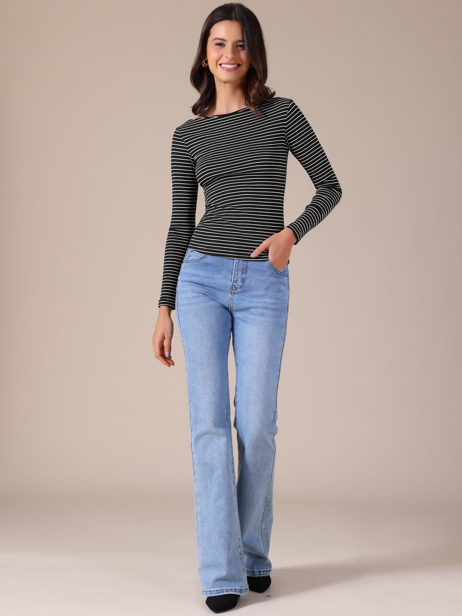 DARING DIVA Women's Striped Long Sleeve T-Shirt Boat Neck Basic Shirts XS Black