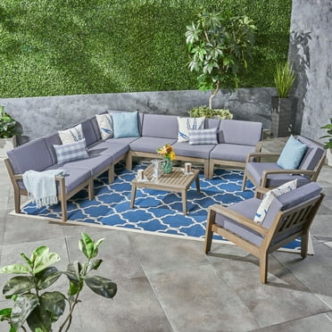 Wilcox Outdoor 10 Piece Sectional Sofa Set with Cushions, Gray, Dark Gray