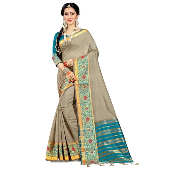 Sarees for Women Cotton Silk Woven Saree l Indian Wedding Gift Sari with Un Stitched Blouse Gray