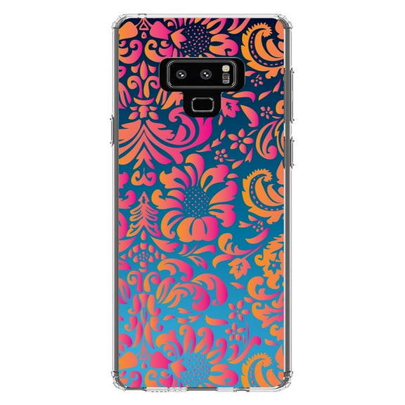 DistinctInk Clear Shockproof Hybrid Case for Samsung Galaxy Note 9 - TPU Bumper, Acrylic Back, Tempered Glass Screen Protector - Pink Orange Blue Flower Floral