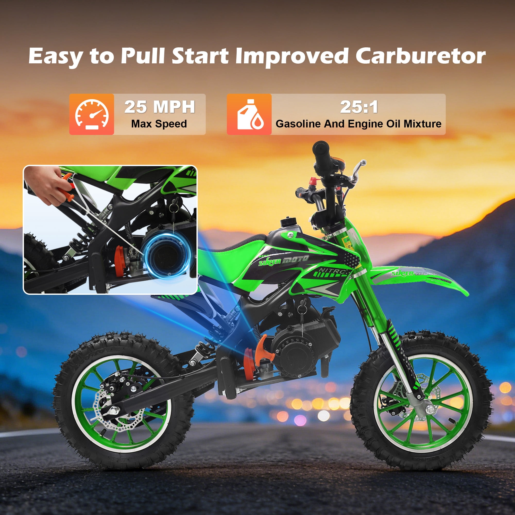 Gpower 49cc Dirt Bike for Kids 6-15,2-Stroke Gas Powered Mini Dirt Bike,1.5L Fuel Capacity,1-Seater,Green