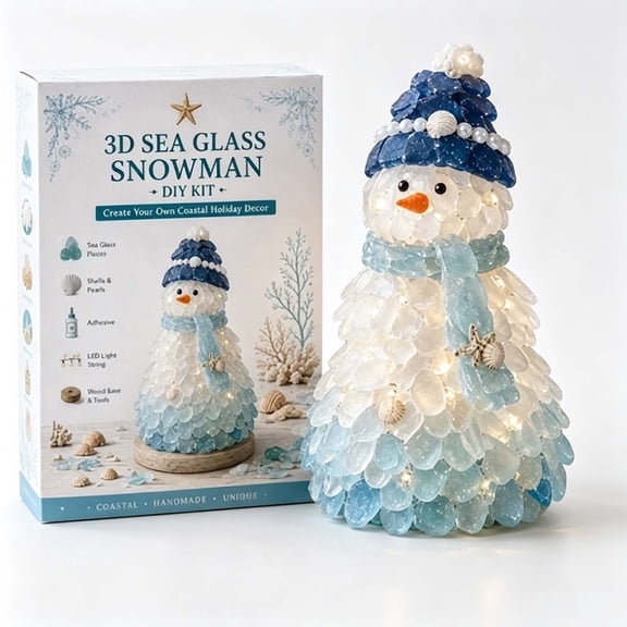 3D Sea Glass Art Kit with LED, Coastal Snowman Craft Set, Sea Glass‑Style Pieces & Wooden Base, Lighted Beach‑Themed Holiday Decor Handmade Craft Gift
