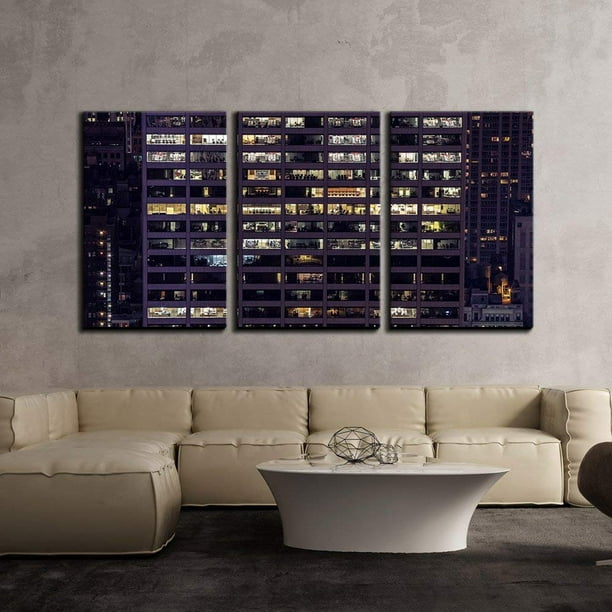 Wall26 3 Piece Canvas Wall Art - Office Building at Night - Modern Home ...