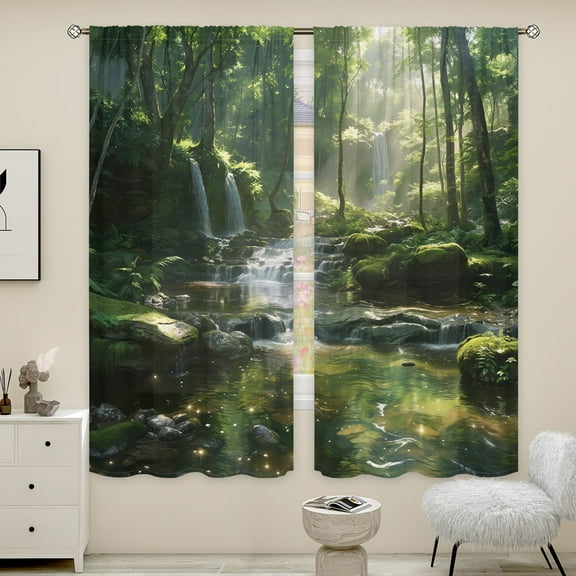 WNOOHIY Nature Landscape Forest Waterfall Print Light-filtering Curtains for Living Room Bedroom Office Home Decoration, Set of 2 Panels