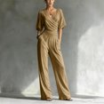 thumbnail image 4 of JULMCOMO Jumpsuits for Women Deep V Neck Cold Shoulder Casual Rompers Half Sleeve Cinched Waist Wide Leg Summer Jumpsuit with Pockets Khaki S, 4 of 5