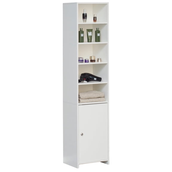Basicwise Tall Slim Bathroom Storage Cabinet - Freestanding Linen Tower Organizer with 5 Open Shelves, 2 Adjustable Shelves, Sturdy Wood, 72 in High, Narrow White for Bathroom or Laundry