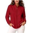 thumbnail image 2 of Hzzrkos Women Casual Relaxed Solid Color Stand Collar Long Sleeve Full Zip Pocket Outerwear Sweatshirt Jacket Top Red, 2 of 5