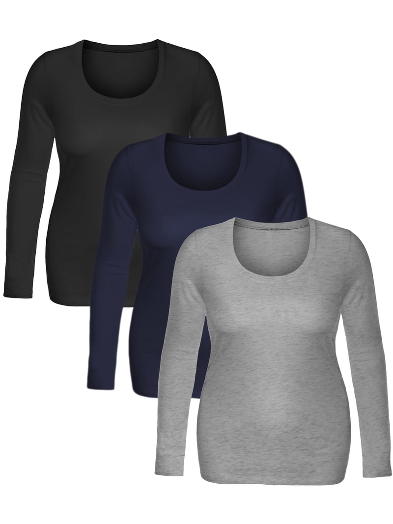 Emmalise Women's Basic V-Neck Long Sleeve Tee - 3 Pack (Black, Navy, Heather Gray) - Soft Stretch Cotton Blend
