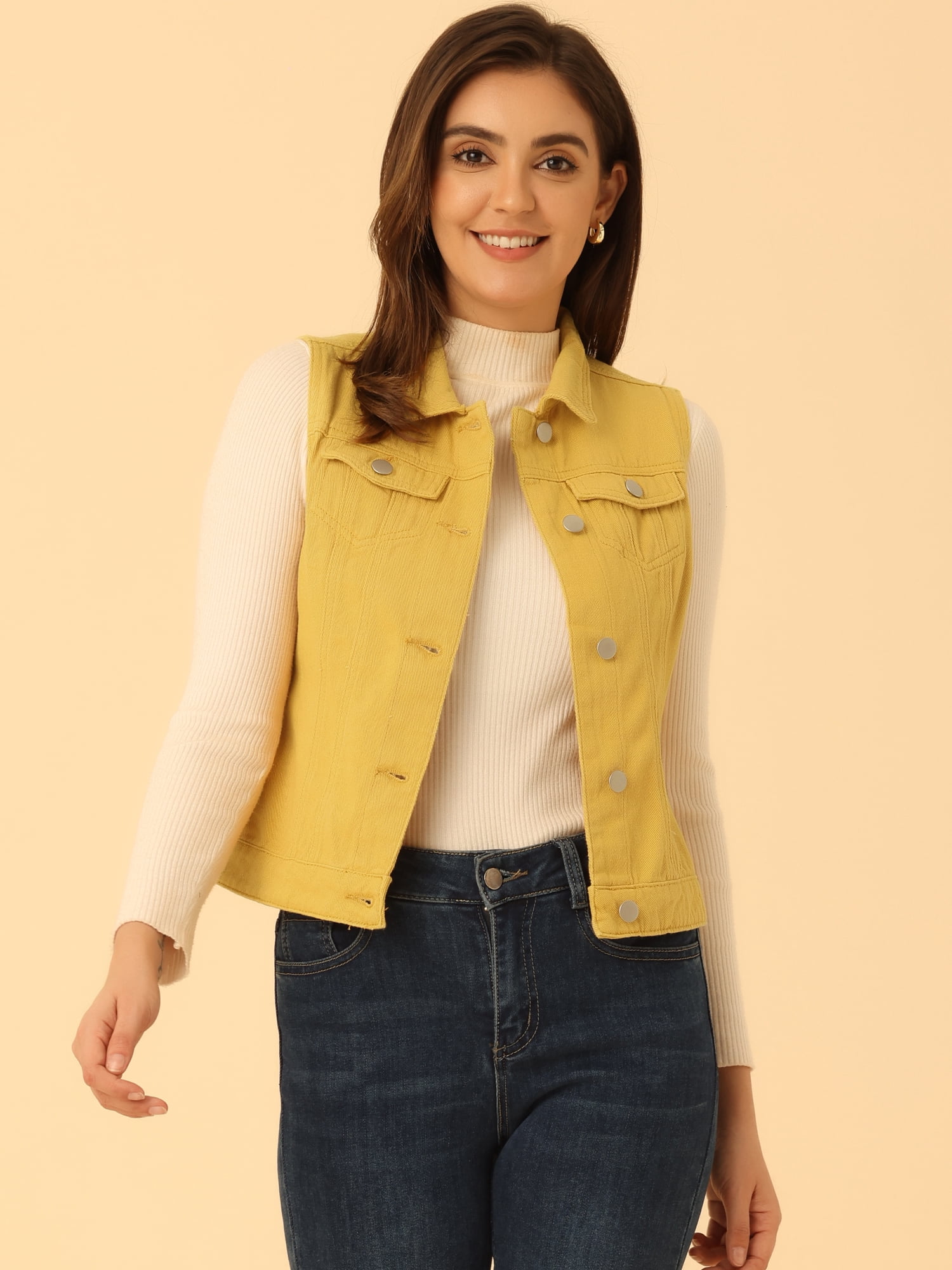 DARING DIVA Women's Denim Sleeveless Flap Pockets Vest Jacket S Yellow