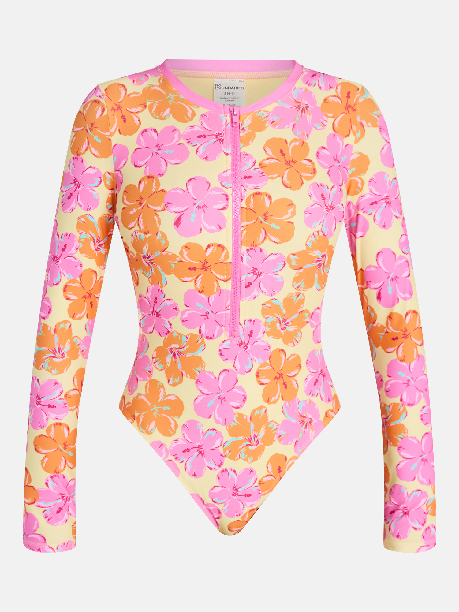 No Boundaries Hilo Hibiscus Cutout One-Piece Swimsuit with Long Sleeves, Women's XXS-XXL