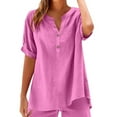 thumbnail image 2 of Women Breathable Cotton Linen T-Shirt Button V Neck Blouse Solid Color Short Sleeve Tops Lightweight Loose Fit Blouses Leisure Comfort Summer Cooling Shirt Everday Wear, 2 of 6