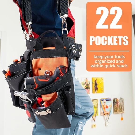 Tool Belt with Suspenders for Men, 22 Pockets Heavy Duty Work Apron, Adjustable Carpenter Belt for Construction, Framing, Woodworking, Electricians (Orange)