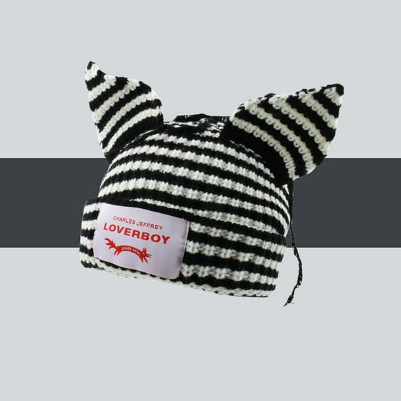Striped Cat Ears Beanie LOVERBOY Styl Hat - Soft Unisex Winter Knit Hat for Men & Women | Cute Cat Ear Design | Warm Fleece Lined for Fall & Winter