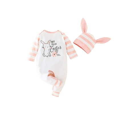 

QILINXUAN Infant Baby Boy Girl My First Easter Outfits Long Sleeve Romper Letter Print Striped Jumpsuit with Bunny Hat Set