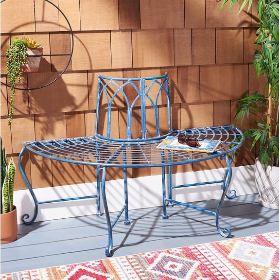 Iron Tree Bench Mossy Blue Vintage Scrollwork Garden Design Outdoor Patio Deck Porch Seating
