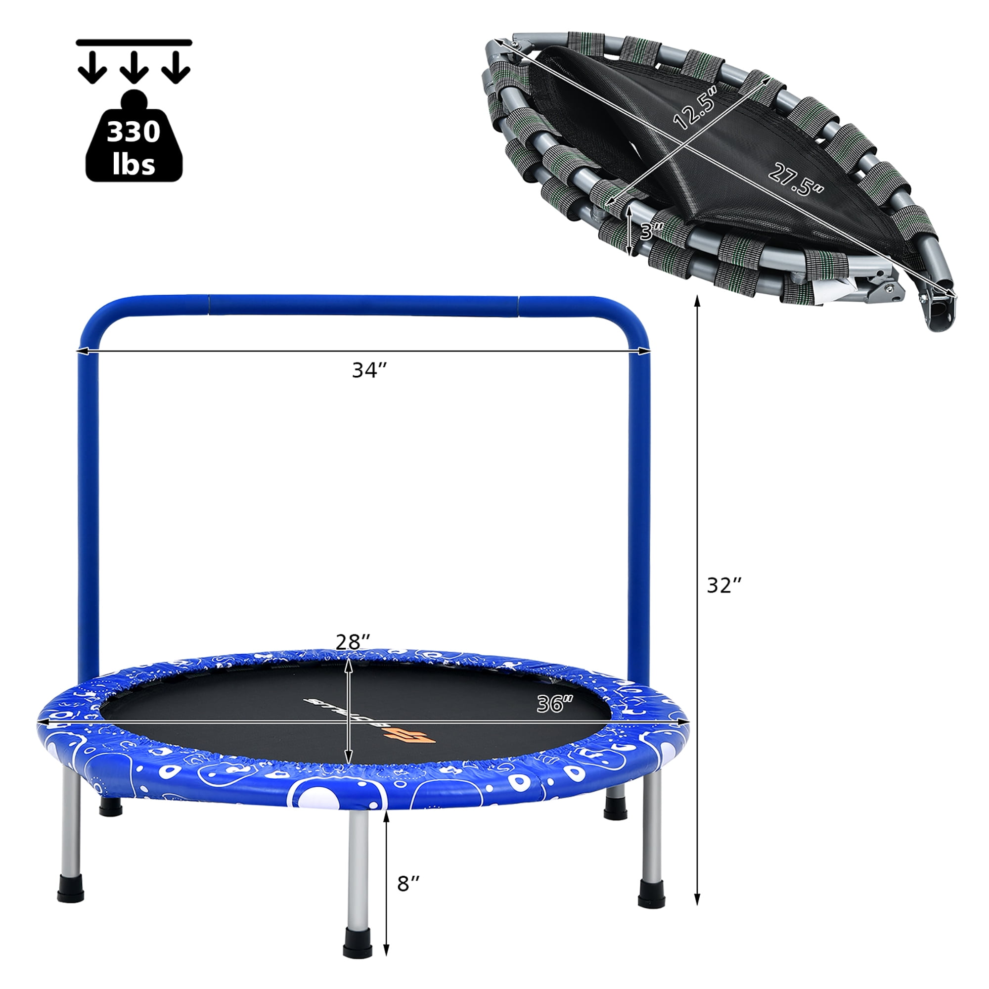 Costway 36'' Kids Trampoline Rebounder W/Full Covered Handrail & Pad Indoor Outdoor Blue