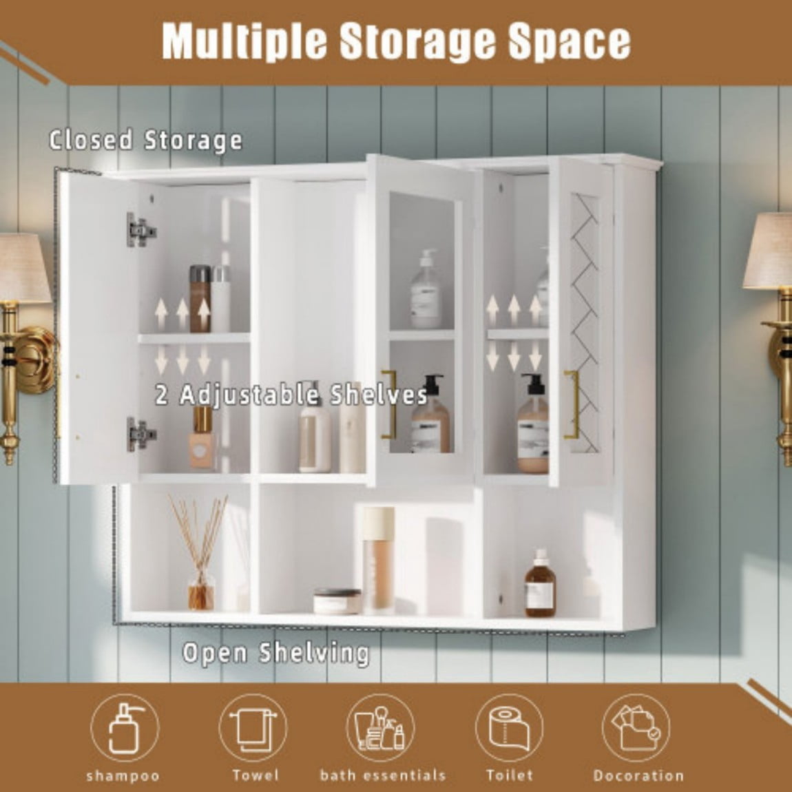35" Wall Mounted Medicine Cabinet with Mirror, Bathroom Storage Cabinet with Adjustable Shelves, Soft Close Doors, Modern Mirror Cabinet for Vanity, White