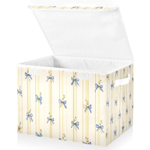 Foldable Fabric Storage Bin With Handle Collapsible Basket Box Storage With Lid Organizer Blue Small Bows