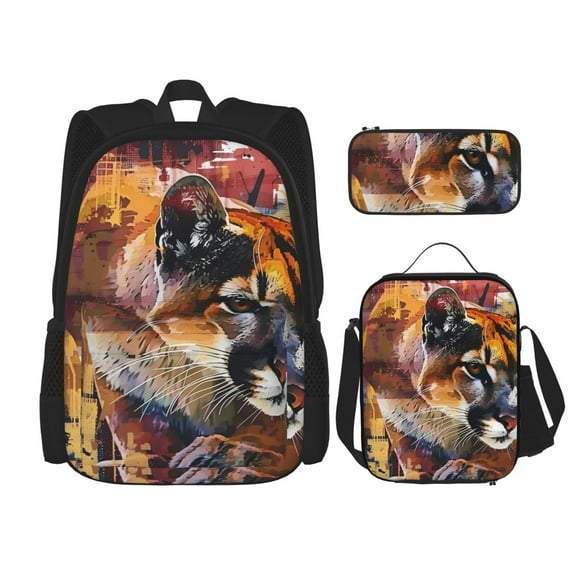 Easygdp Abstract Lion Painting Mochila para Niños y Niñas con Set de Caja de Almuerzo y Estuche para Lápices 3 en 1, Mochila Escolar Estampada para Adolescentes